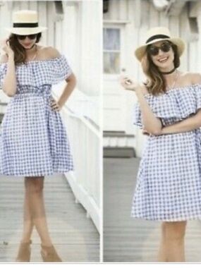 NWOT 11.1 TYLHO Blue Gingham Off-Shoulder Summer Dress SZ LGP
